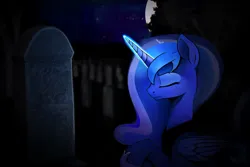 Size: 2304x1536 | Tagged: semi-grimdark, artist:truedepressed, derpibooru import, nightmare moon, princess luna, alicorn, pony, cutie mark, dark, depressed, gravestone, graveyard, image, magic, night, png, sad, solo