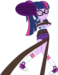 Size: 1610x2052 | Tagged: safe, artist:uponia, derpibooru import, edit, sci-twi, twilight sparkle, equestria girls, legend of everfree, clothes, converse, eyes closed, female, glasses, help me, image, png, shoes, shorts, simple background, sneakers, socks, solo, speech bubble, struggling, transparent background, vector