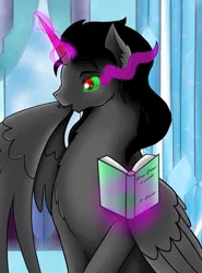 Size: 1600x2159 | Tagged: safe, artist:pixel-spark, derpibooru import, king sombra, alicorn, pony, fanfic:from darkness to light, alicornified, alternate universe, book, colored horn, crystal castle, crystal empire, dark magic, fanfic art, glow, glowing eyes, glowing horn, grooming, guidebook, horn, image, jpeg, magic, preening, race swap, solo, sombra eyes, sombra horn, sombracorn, wings