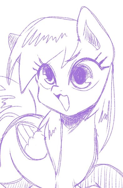 Size: 611x930 | Tagged: safe, artist:namaenonaipony, derpibooru import, derpy hooves, pegasus, pony, cute, derpabetes, female, image, jpeg, mare, monochrome, open mouth, open smile, simple background, sketch, smiling, solo, white background