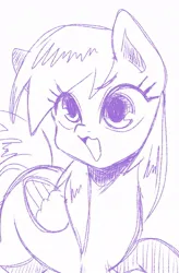 Size: 611x930 | Tagged: safe, artist:namaenonaipony, derpibooru import, derpy hooves, pegasus, pony, cute, derpabetes, female, image, jpeg, mare, monochrome, open mouth, open smile, simple background, sketch, smiling, solo, white background