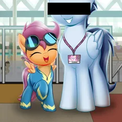 Size: 1440x1440 | Tagged: suggestive, artist:horsepen, derpibooru import, part of a set, scootaloo, soarin', pegasus, pony, art pack:fillycon, age difference, baltimore convention center, censor bar, censored, clothes, convention, cosplay, costume, female, filly, foal, goggles, goggles on head, image, lanyard, male, png, stallion, underage, uniform, wonderbolts uniform
