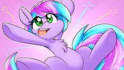 Size: 1920x1080 | Tagged: safe, artist:dshou, derpibooru import, oc, oc:trilly taffy, unofficial characters only, earth pony, pony, chest fluff, clothes, commission, image, irrational exuberance, jumpsuit, open mouth, open smile, png, smiling, solo, underhoof