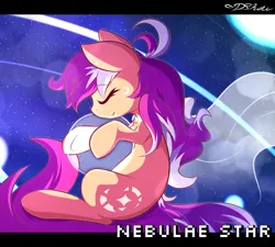 Size: 2000x1800 | Tagged: safe, artist:dshou, derpibooru import, oc, oc:nebulae, unofficial characters only, earth pony, pony, english, eyes closed, female, floating, g4, grin, image, letterboxing, mare, nebula, png, smiling, solo, space, tangible heavenly object