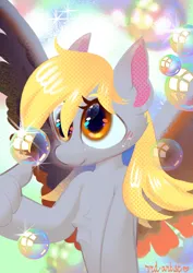 Size: 2480x3508 | Tagged: safe, artist:rrd-artist, derpibooru import, derpy hooves, pegasus, pony, bubble, bust, female, high res, image, jpeg, looking at something, mare, signature, solo, spread wings, wings