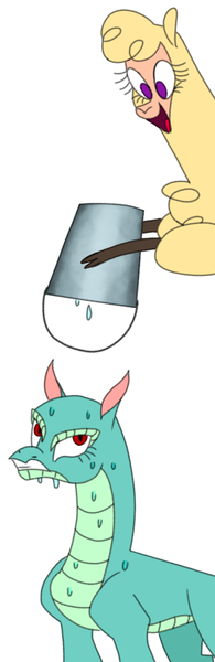 Size: 482x1486 | Tagged: safe, artist:nonameorous, derpibooru import, alpaca, dragon, hybrid, longma, them's fightin' herds, angry, bucket, cloven hooves, community related, duo, gritted teeth, holding, image, looking at each other, looking at someone, open mouth, paprika (tfh), png, simple background, smiling, solo, teeth, tianhuo (tfh), water, wet, white background