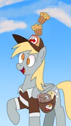 Size: 514x902 | Tagged: safe, artist:nonameorous, derpibooru import, derpy hooves, pegasus, pony, bag, box, cap, clothes, cloud, cross-eyed, food, hat, image, letter, mail, mailbag, mailmare, muffin, png, raised hoof, sky, solo, uniform