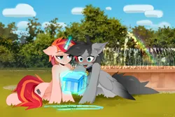 Size: 3000x2000 | Tagged: safe, artist:zlatavector, derpibooru import, oc, oc:kainy, oc:linaxero, unofficial characters only, bat pony, pegasus, pony, unicorn, bat pony oc, bat wings, blushing, commission, female, fountain, gift art, glow, glowing horn, grass, happy, happy birthday, horn, hybrid oc, image, looking at someone, magic, mare, nature, park, png, present, rainbow, sitting, spread wings, wings