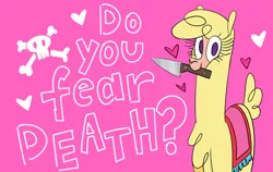 Size: 1500x950 | Tagged: semi-grimdark, artist:nonameorous, derpibooru import, alpaca, them's fightin' herds, community related, heart, image, implied violence, knife, looking at you, mouth hold, paprika (tfh), pink background, png, simple background, skull, smiling, text