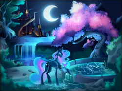 Size: 2732x2048 | Tagged: safe, artist:anekomori, derpibooru import, princess luna, alicorn, butterfly, insect, pony, beautiful, blue eyes, castle, concave belly, crescent moon, crown, digital art, ethereal mane, ethereal tail, feather, female, flowing mane, flowing tail, folded wings, fountain, g4, high res, horn, image, jewelry, large wings, long legs, mare, moon, moonlight, night, open mouth, png, raised hoof, regalia, rock, signature, slim, solo, starry mane, starry tail, tail, tall, teeth, thin, tree, water, waterfall, wings