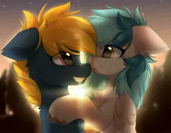 Size: 4096x3183 | Tagged: safe, artist:lunylin, derpibooru import, oc, oc:osteen, oc:peacher, unofficial characters only, pegasus, pony, boop, chest fluff, commission, duo, duo male and female, ear fluff, eye clipping through hair, eyebrows, eyebrows visible through hair, female, floppy ears, folded wings, high res, husband and wife, image, jpeg, male, mare, noseboop, pegasus oc, smiling, stallion, tongue out, unshorn fetlocks, wings