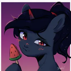 Size: 2300x2300 | Tagged: safe, artist:piwo, derpibooru import, oc, unofficial characters only, pony, unicorn, blushing, colored, commission, cute, dark skin, eyelashes, eyeshadow, food, horn, ice cream, image, looking at you, makeup, png, ponytail, raised hoof, red eyes, sketch, smiling, smiling at you, stars, sunset, unicorn oc, watermelon, ych result