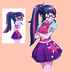 Size: 1819x1851 | Tagged: safe, artist:dalsegno, derpibooru import, sci-twi, twilight sparkle, equestria girls, belt, belt buckle, blouse, bowtie, clothes, crossed arms, cutie mark, cutie mark hair accessory, cutie mark on clothes, eyebrows visible through hair, glasses, happy, image, jpeg, ponytail, scene interpretation, shiny hair, signature, simple background, skirt, smiling, solo