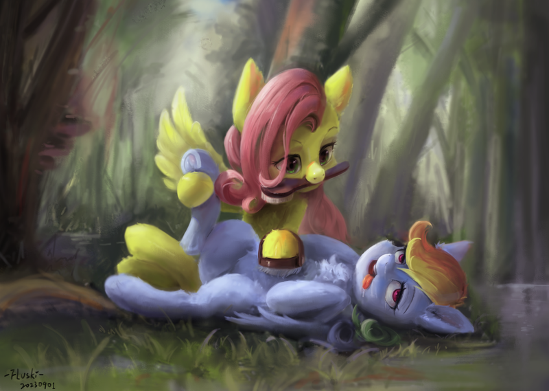 Size: 1280x910 | Tagged: safe, artist:flvski, derpibooru import, fluttershy, rainbow dash, pegasus, pony, brush, drool, duo, duo female, female, forest, grass, grooming, image, lying down, mare, mouth hold, on back, open mouth, outdoors, png, tongue out, tree, underhoof