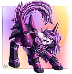 Size: 2296x2384 | Tagged: safe, artist:pridark, derpibooru import, oc, oc:iron glamour, pegasus, pony, armor, artificial horn, bound wings, gas mask, image, latex, latex suit, mask, png, solo, wing sleeves, wings
