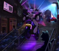 Size: 1280x1124 | Tagged: safe, artist:avrameow, derpibooru import, oc, earth pony, pegasus, pony, unicorn, commission, cyberpunk, image, jpeg, motorcycle, solo, stairs, your character here