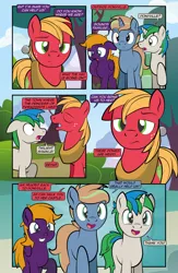 Size: 1920x2948 | Tagged: safe, artist:alexdti, derpibooru import, big macintosh, oc, oc:brainstorm (alexdti), oc:purple creativity, oc:star logic, pegasus, pony, unicorn, comic:quest for friendship retold, image, jpeg, one ear down