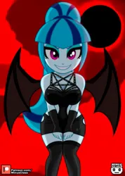 Size: 1285x1800 | Tagged: suggestive, artist:minusclass, derpibooru import, sonata dusk, human, equestria girls, bat wings, breasts, cleavage, clothes, eclipse, image, jpeg, lingerie, looking at you, red sky, sharp teeth, sleeveless, sultry pose, teeth, wings