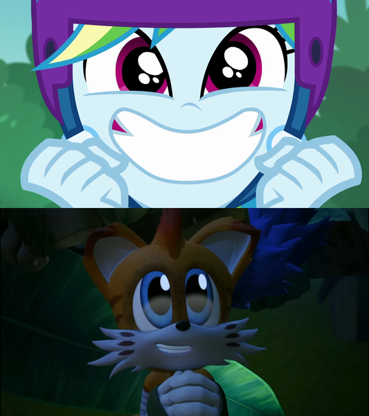 Size: 1920x2160 | Tagged: safe, derpibooru import, rainbow dash, ashleigh ball, image, miles "tails" prower, png, sonic prime, sonic the hedgehog (series), voice actor joke