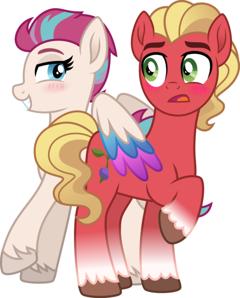 Size: 1920x2383 | Tagged: safe, artist:limedazzle, derpibooru import, sprout cloverleaf, zipp storm, pony, g5, blushing, butt touch, feathermarking, female, image, male, png, shipping, simple background, straight, transparent background, zippsprout