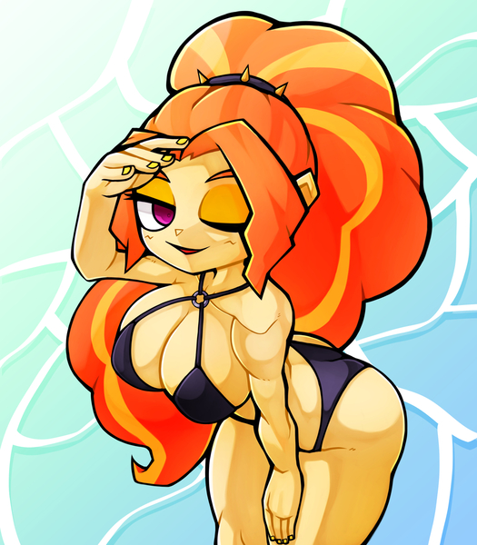 Size: 1350x1543 | Tagged: suggestive, artist:kyouman1010, derpibooru import, adagio dazzle, human, equestria girls, adagio dat-azzle, bikini, breasts, busty adagio dazzle, clothes, image, jpeg, looking at you, one eye closed, ponytail, smiling, smiling at you, solo, swimsuit, wink