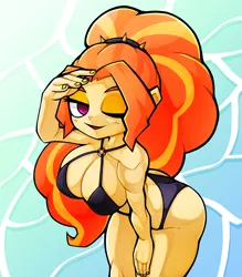 Size: 1350x1543 | Tagged: suggestive, artist:kyouman1010, derpibooru import, adagio dazzle, human, equestria girls, adagio dat-azzle, bikini, breasts, busty adagio dazzle, clothes, image, jpeg, looking at you, one eye closed, ponytail, smiling, smiling at you, solo, swimsuit, wink