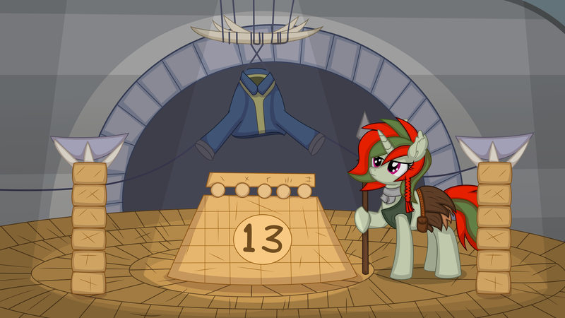 Size: 10449x5879 | Tagged: safe, artist:cyanlightning, derpibooru import, oc, oc:scarlet reverie, unofficial characters only, pony, unicorn, fallout equestria, .svg available, absurd resolution, clothes, fallout, image, jumpsuit, png, rock, sitting, solo, spear, temple, vault suit, vector, weapon