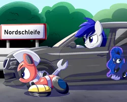 Size: 5000x4000 | Tagged: safe, derpibooru import, princess luna, oc, oc:trackhead, original species, pony, robot, robot pony, wheelpone, car, image, nurburgring, png, race