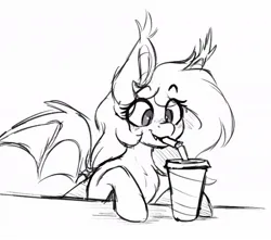 Size: 1000x885 | Tagged: safe, artist:somefrigginnerd, oc, oc:panne, unofficial characters only, bat pony, pony, big ears, black and white, chest fluff, cute, drinking straw, ear fluff, female, grayscale, image, jpeg, mare, monochrome, simple background, sketch, solo, spread wings, white background, wings