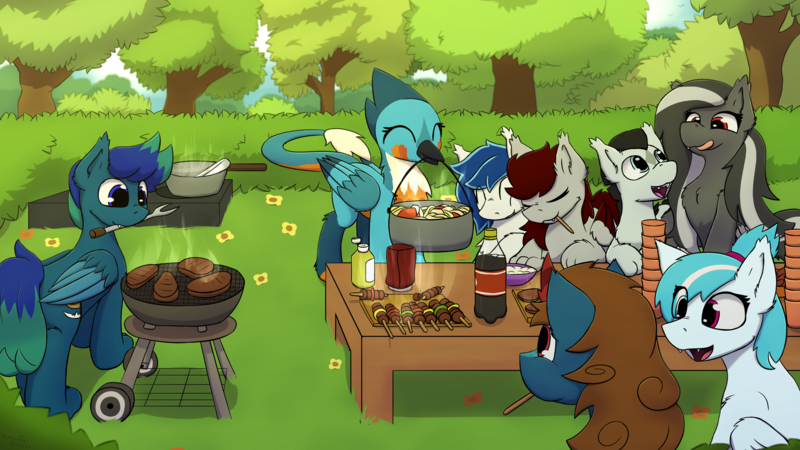 Size: 3840x2160 | Tagged: safe, artist:monycaalot, derpibooru import, oc, unofficial characters only, gryphon, hybrid, pegasus, wolf, wolf pony, ^^, background, bbc, couple, cup, drink, eyes closed, fangs, female, flower, food, griffon oc, happy, hybrid oc, image, ketchup, male, meat, pegasus oc, png, sauce, snuggling, soda, tree, wings