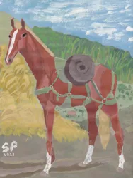 Size: 1199x1597 | Tagged: safe, artist:shitty painter, ponified:sgt. reckless, horse, barely pony related, cloud, cloudy, dirt, female, field, gouache, grass, image, irl, irl horse, mare, mud, painting, png, sky, slope, solo, tack, traditional art
