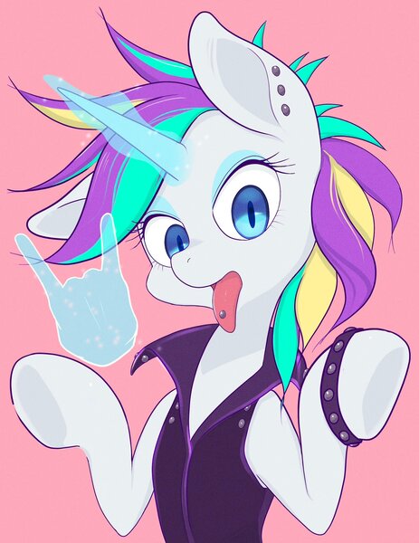 Size: 1580x2048 | Tagged: safe, artist:noupu, derpibooru import, rarity, pony, unicorn, alternate hairstyle, devil horn (gesture), female, glow, glowing horn, hand, horn, image, jpeg, looking at you, magic, magic hands, mare, piercing, pink background, punk, raripunk, simple background, solo, tongue out, tongue piercing
