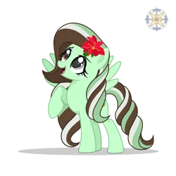 Size: 3000x3000 | Tagged: safe, artist:mint-light, artist:r4hucksake, derpibooru import, oc, oc:choco mint, unofficial characters only, pegasus, pony, base used, blushing, cute, flower, flower in hair, freckles, heterochromia, image, ocbetes, png, raised hoof, simple background, smiling, solo, transparent background