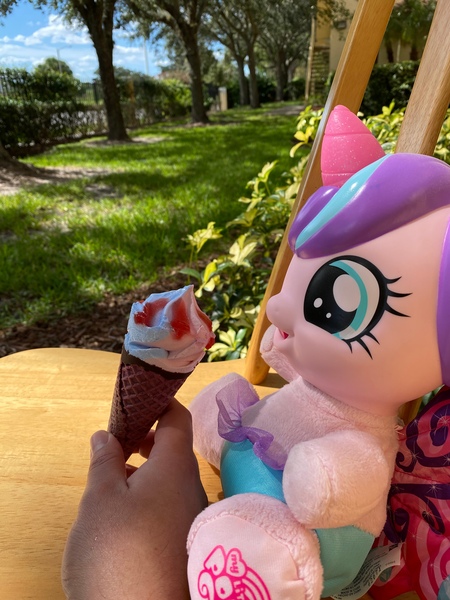 Size: 3024x4032 | Tagged: safe, derpibooru import, photographer:buceps, princess flurry heart, pony, baby, baby pony, cute, flurrybetes, food, ice cream, image, jpeg, merchandise, outdoors, swing, unicorn food