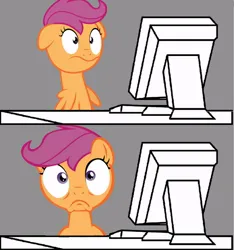 Size: 680x728 | Tagged: safe, derpibooru import, scootaloo, pegasus, pony, computer, desk, exploitable meme, female, filly, foal, gray background, image, jpeg, looking at you, meme, scared, scarred, scarred for life, simple background