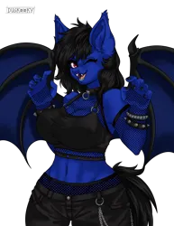 Size: 2160x2800 | Tagged: suggestive, artist:duskooky, artist:kooky, derpibooru import, oc, oc:zero shadow, unofficial characters only, anthro, bat pony, anthro oc, bat pony oc, bat wings, belly button, black mane, black nail polish, black tail, bra, breasts, clothes, collar, collar ring, commission, female, fishnets, image, looking at you, one eye closed, pants, png, signature, simple background, smiling, smiling at you, solo, spiked collar, spread wings, tail, teeth, tongue out, transparent background, underwear, wings, wink, ych result