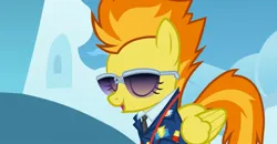 Size: 2160x1122 | Tagged: safe, derpibooru import, spitfire, pegasus, pony, wonderbolts academy, clothes, cloud, cropped, drill sergeant, eyes closed, female, image, jpeg, mare, necktie, open mouth, solo, suit, sunglasses, uniform, whistle, whistle necklace, wonderbolts dress uniform