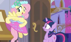 Size: 1723x1021 | Tagged: safe, derpibooru import, screencap, fluttershy, twilight sparkle, pegasus, pony, unicorn, a canterlot wedding, beautiful, bedroom, bridesmaid, bridesmaid dress, canterlot, canterlot castle, clothes, cute, dress, female, floral head wreath, flower, flower in hair, flutterbeautiful, force field, gown, happy, image, jpeg, mare, open door, playing with dress, royal wedding, surprised