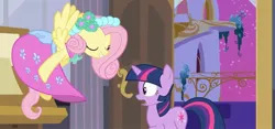 Size: 2114x993 | Tagged: safe, derpibooru import, screencap, pegasus, pony, unicorn, a canterlot wedding, beautiful, bedroom, bridesmaid, bridesmaid dress, canterlot, canterlot castle, clothes, cropped, cute, dress, eyes closed, female, floral head wreath, flower, flower in hair, flutterbeautiful, force field, gown, grin, happy, image, jpeg, mare, open door, open mouth, playing with dress, royal wedding, shocked, smiling, surprised, teeth