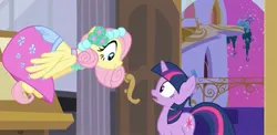 Size: 2109x1025 | Tagged: safe, derpibooru import, screencap, fluttershy, twilight sparkle, pegasus, pony, unicorn, a canterlot wedding, beautiful, bedroom, bridesmaid, bridesmaid dress, canterlot, canterlot castle, clothes, cropped, cute, dress, excited, female, floral head wreath, flower, flower in hair, flutterbeautiful, force field, gown, happy, image, jpeg, mare, open door, royal wedding, shocked, surprised