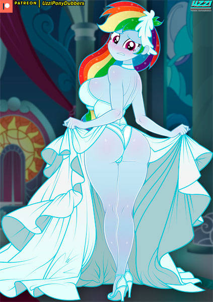 Size: 423x600 | Tagged: questionable, artist:uzzi-ponydubberx, derpibooru import, rainbow dash, human, equestria girls, ass, blushing, breasts, bride, busty rainbow dash, butt, cameltoe, clothes, cute, dashabetes, dress, embarrassed, embarrassed underwear exposure, female, image, jpeg, needs more jpeg, panties, patreon, patreon logo, rainbow dash always dresses in style, rainbutt dash, skirt, skirt lift, solo, solo female, underwear, waifu, wedding dress