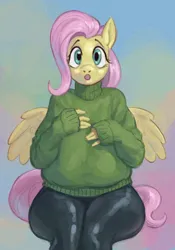 Size: 700x1000 | Tagged: safe, artist:hadmyway, derpibooru import, fluttershy, anthro, butt, clothes, denim, female, huge butt, image, jeans, jpeg, large butt, looking at you, pants, sitting, solo, spread wings, sweater, sweatershy, wings