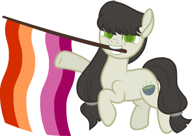 Size: 1215x865 | Tagged: safe, artist:yeetmedownthestairs, derpibooru import, oc, oc:sawa, unofficial characters only, earth pony, pony, commission, female, grin, image, lesbian pride flag, mare, mouth hold, png, pride, pride flag, pride month, raised hoof, simple background, smiling, solo, transparent background, ych result