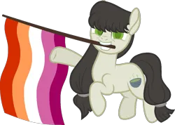 Size: 1215x865 | Tagged: safe, artist:yeetmedownthestairs, derpibooru import, oc, oc:sawa, unofficial characters only, earth pony, pony, commission, female, grin, image, lesbian pride flag, mare, mouth hold, png, pride, pride flag, pride month, raised hoof, simple background, smiling, solo, transparent background, ych result