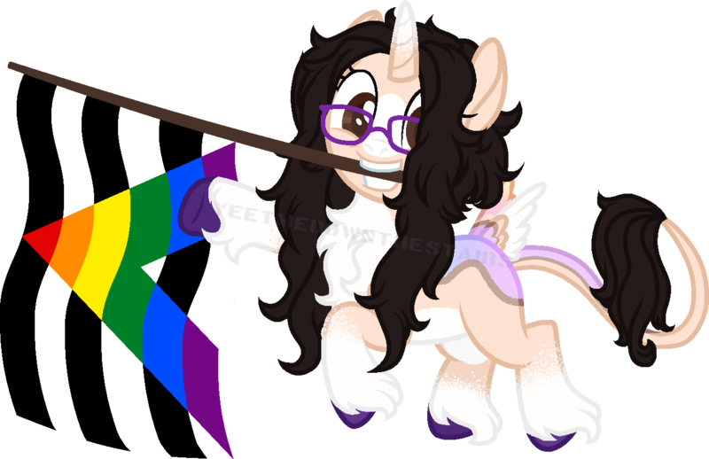 Size: 1364x884 | Tagged: safe, artist:yeetmedownthestairs, derpibooru import, oc, oc:malin, unofficial characters only, pony, unicorn, butt wings, chest fluff, commission, female, glasses, grin, image, leonine tail, mare, markings, mouth hold, png, pride flag, pride month, raised hoof, simple background, smiling, solo, straight ally flag, tail, transparent background, unshorn fetlocks, wings, ych result