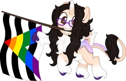 Size: 1364x884 | Tagged: safe, artist:yeetmedownthestairs, derpibooru import, oc, oc:malin, unofficial characters only, pony, unicorn, butt wings, chest fluff, commission, female, glasses, grin, image, leonine tail, mare, markings, mouth hold, png, pride flag, pride month, raised hoof, simple background, smiling, solo, straight ally flag, tail, transparent background, unshorn fetlocks, wings, ych result