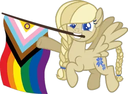 Size: 1207x883 | Tagged: safe, artist:yeetmedownthestairs, derpibooru import, oc, oc:cornflower meadow, unofficial characters only, pegasus, pony, commission, female, flying, gay pride flag, grin, image, mare, mouth hold, png, pride, pride flag, pride month, raised hoof, simple background, smiling, solo, transparent background, ych result