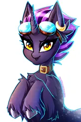 Size: 2664x4010 | Tagged: safe, artist:minamikoboyasy, derpibooru import, oc, oc:obsidian(rumista), unofficial characters only, pony, unicorn, belt, belt buckle, ear piercing, glasses, horn, image, looking at you, piercing, png, simple background, smiling, smiling at you, solo, unicorn oc, white background