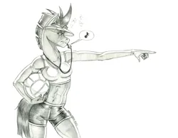 Size: 1400x1089 | Tagged: safe, artist:baron engel, derpibooru import, tempest shadow, anthro, unicorn, abs, ball, belly button, blowing whistle, broken horn, busty tempest shadow, eye scar, female, frown, holding, image, jpeg, muscular female, pointing, scar, simple background, solo, sports bra, sports shorts, sun visor, whistle, white background