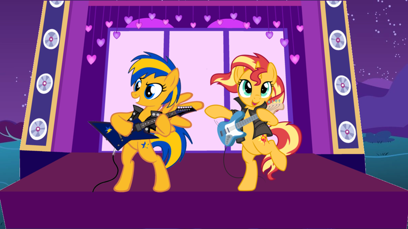 Size: 1191x670 | Tagged: safe, artist:mlpfan3991, artist:pirill, derpibooru import, sunset shimmer, oc, oc:flare spark, pegasus, pony, unicorn, bipedal, electric guitar, female, guitar, image, mare, musical instrument, night, playing instrument, png, rock and roll, stage, sunset shredder